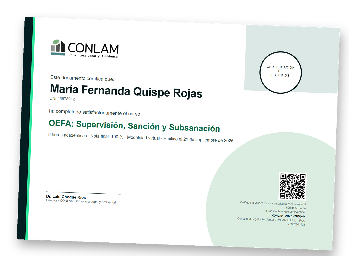 Certificado de CONLAM con código QR de verificación