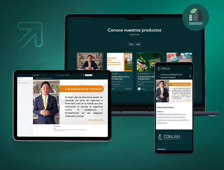 La plataforma de cursos CONLAM en laptop, tablet y celular